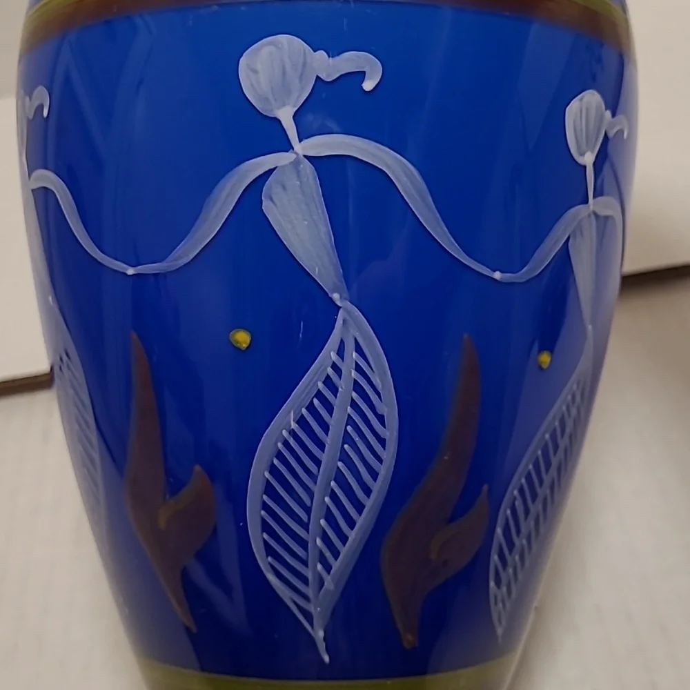 Vintage Colbalt Blue Handpainted Glass Vase